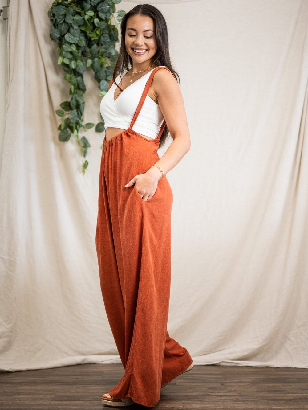 Sozy Rust Wide-Leg Spaghetti-Strap Jumpsuit